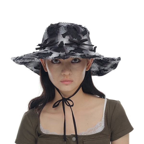 GENZERO Plaid lace bow big brim fisherman hat